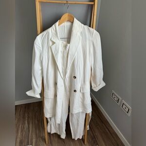 Massimo Dutti White Double-Breasted Linen-Blend Blazer and Pant Set
